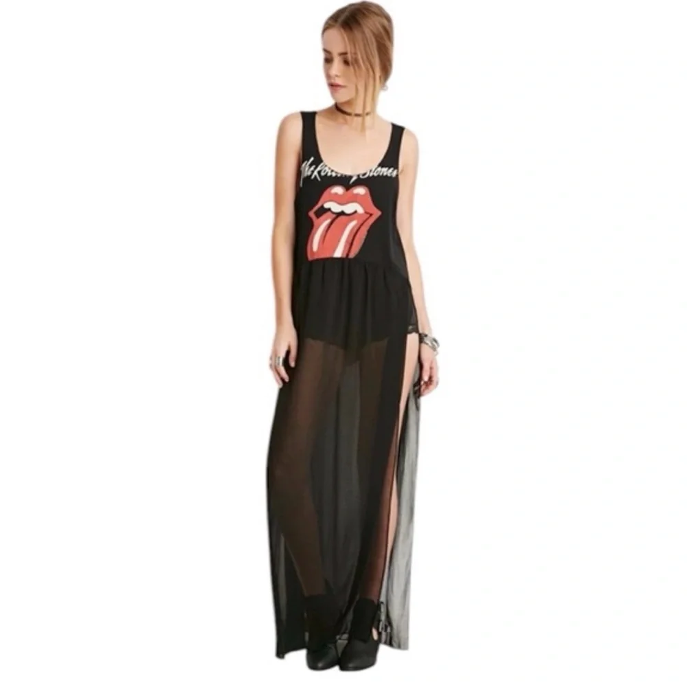 The rolling stones band graphic maxi dress forever 21 sheer chiffon women M - Picture 1 of 8